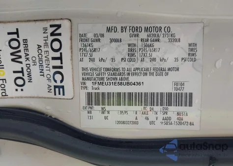 2008 Ford Explorer Sport Trac Xlt from USA, damaged, VIN 1FMEU31E58UB04361